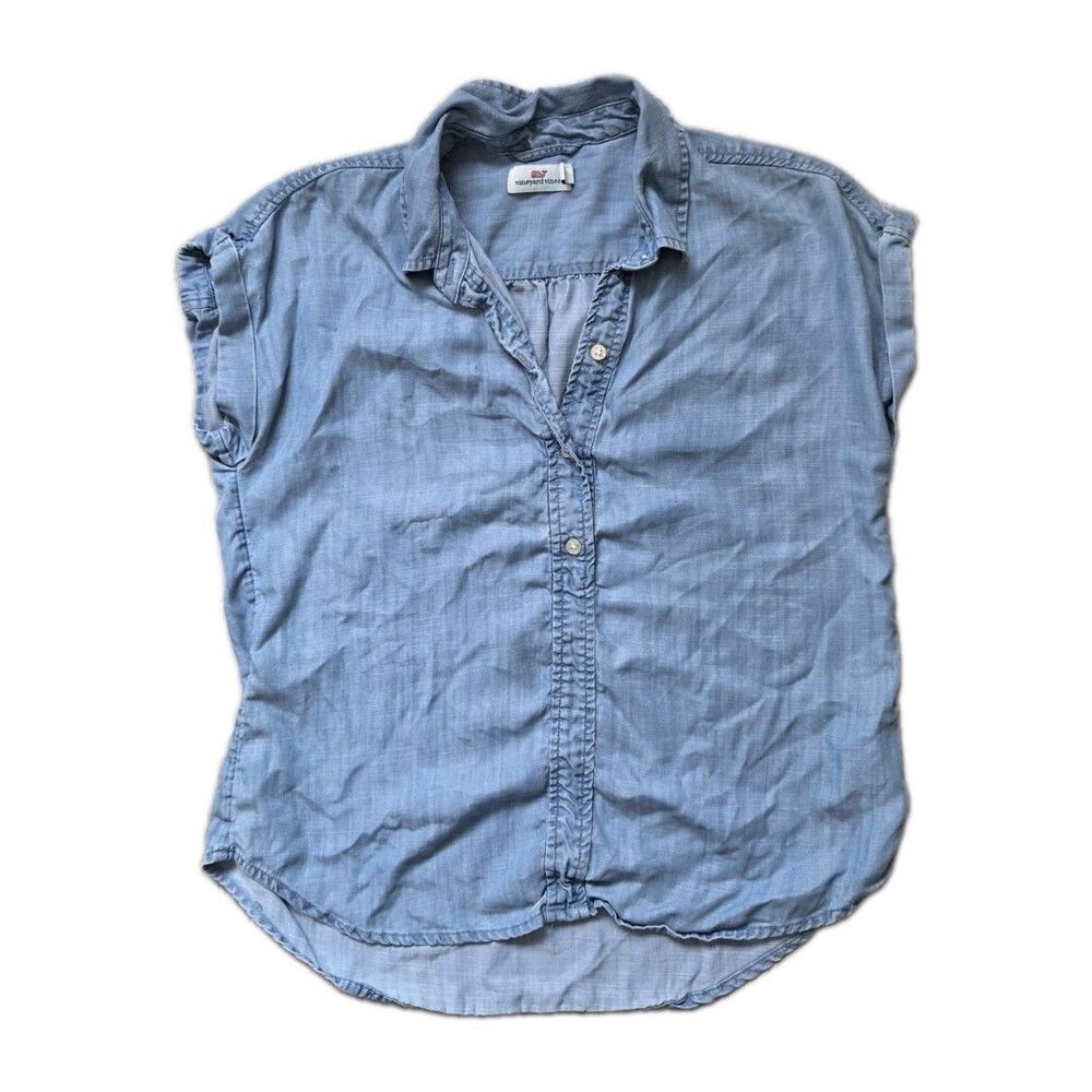 Vineyard Vines Blue Chambray Lyocell Button Front Short Sleeve Shirt Womens 2